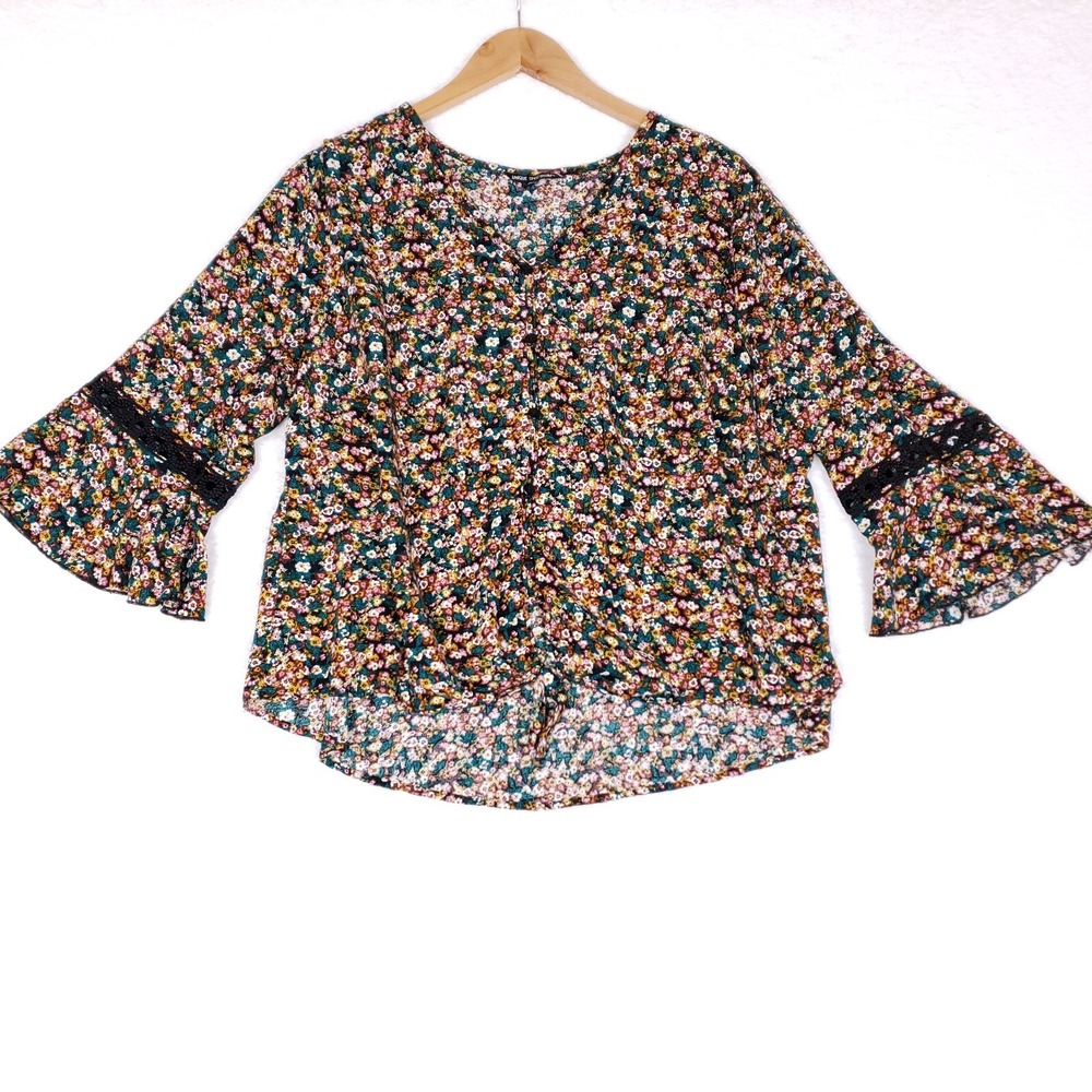 Unique Spectrum Floral Blouse Bell Sleeve Boho Fit 2X Black Multicolor